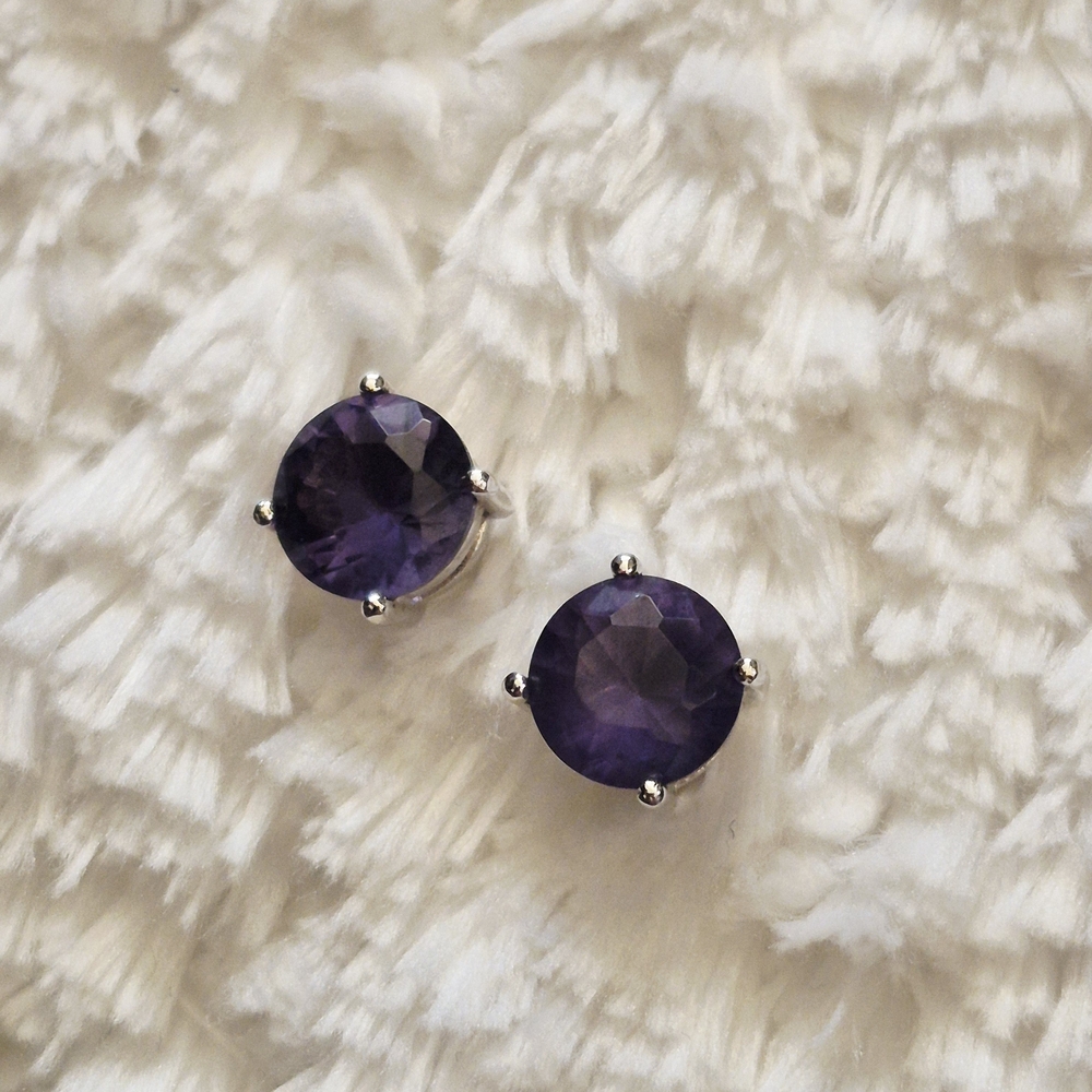 Sterling Silver Round Faceted Amethyst Stud Earrings View 5